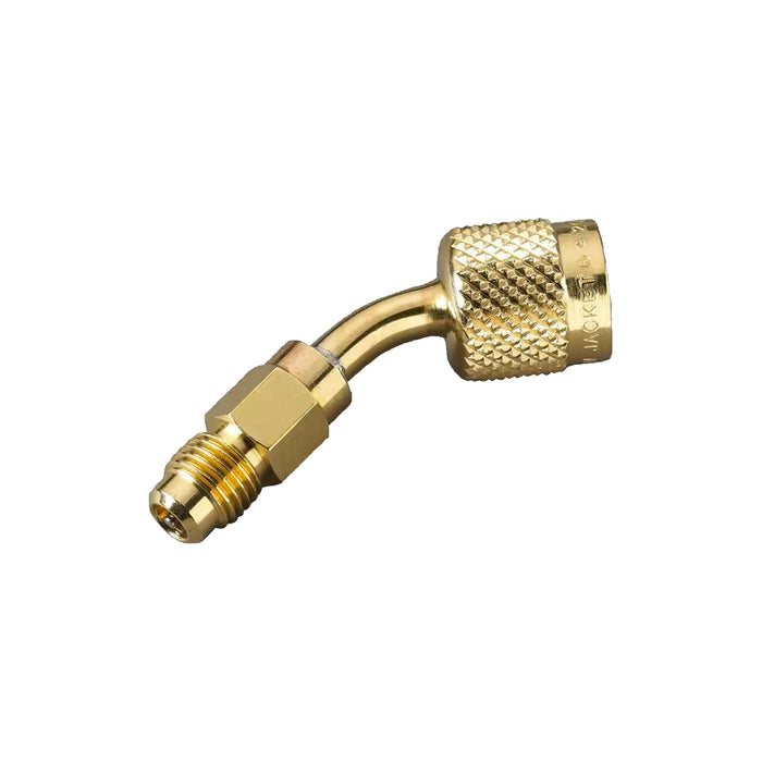 45° R-410A Coupler, 5/16" Female QC x 1/4" Male Flare