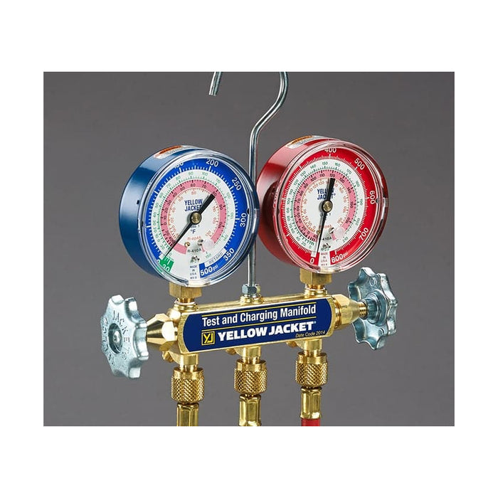 Series 41 Test & Charging Manifold, 2-Valve, with 60" PLUS II, compact ball valve fittings,(psi, °F) R22/404A/410A, 3-1/8" Gauges