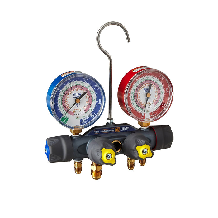 Titan Test and Charging Manifold, 4-Valve, (psi °F) R22/404A/410A, Red/Blue Gauges, No Hoses