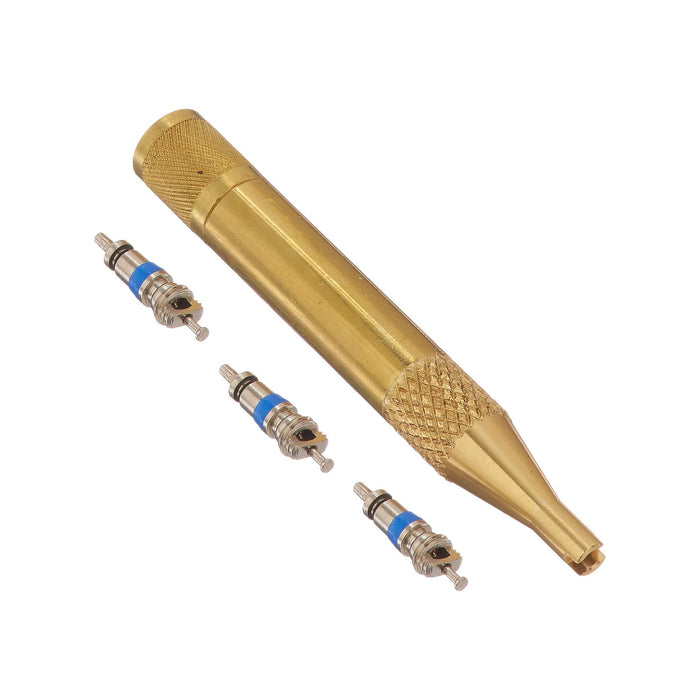 Brass Valve Core Tool and Container, includes 3 Valve Cores