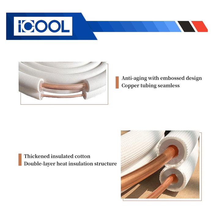 ICOOL, 1/4'' x 3/8'' - 50 FT, Insulation Thickness 3/8", Type B Copper Lineset, Both Line Joined, White Color Roll