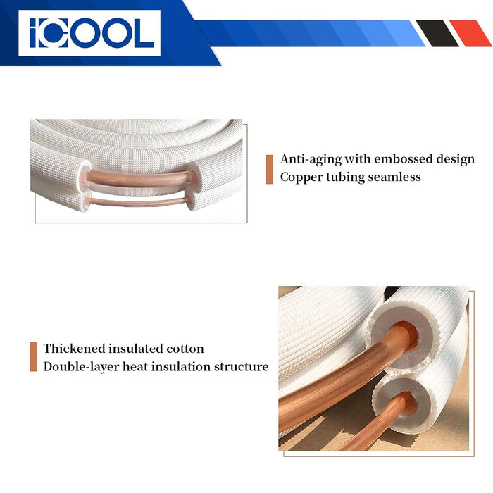 ICOOL, 1/4'' x 1/2'' - 50 FT, Insulation Thickness 3/8", Type B Copper Lineset, Both Line Joined, White Color Roll